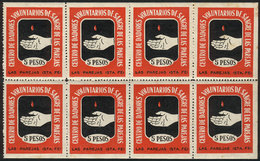 ARGENTINA: Center Of Voluntary BLOOD DONORS Of Las Parejas (Santa Fe), 5 Pesos, Rare Sheet Of 8 Labels, VF! - Sonstige & Ohne Zuordnung