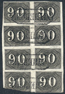 BRAZIL: Sc.25, 1850 90r. Black, Fantastic Block Of 8 Of Excellent Quality (one Stamp With Defects) Cancelled NITHEROI, V - Otros & Sin Clasificación