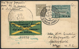 BRAZIL: 24/MAY/1930 Rio De Janeiro - Springfield (USA), Via ZEPPELIN: Card Franked By Sc.4CL8 + 200Rs. Definitive, With  - Autres & Non Classés