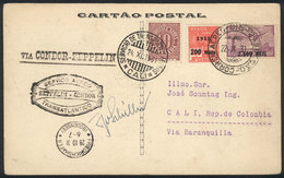 BRAZIL: Card Franked With 2,700 Reis, Sent From Rio De Janeiro To Cali On 22/OC/1931 Via Friedrichshafen, With Special H - Other & Unclassified