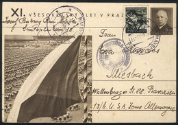 CZECHOSLOVAKIA: Illustrated Postal Card (topic Flags, Sport, Youth) Used In Germany On 31/MAY/1948, Censored, VF Quality - Otros & Sin Clasificación