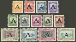 COLOMBIA: Yvert 175/187, 1950 Cmpl. Set Of 13 Values With "A" Overprint, Mint With Tiny Hinge Mark (they Look MNH), Exce - Colombie