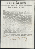 SPAIN: Printed Note Dated 4 December 1786 With Text Of Real Orden (transmitted By The Count Of Floridablanca) Instructin - Altri & Non Classificati