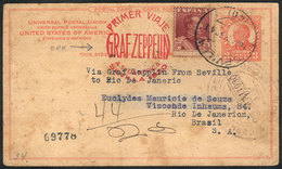 SPAIN: Postal Card Of USA Franked With 4Ptas. And Sent VIA ZEPPELIN From Sevilla To Brazil On 16/MAY/1930, With Special  - Autres & Non Classés