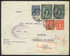 PERU: 1/JUN/1930 Paita - Santiago De Chile, Registered Airmail Cover Franked With 1.35S., With Transit Mark Of Piura 2/J - Perú