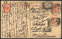 RUSSIA: 3k. Postal Card + 1k. Sent To Brazil On 19/MAY/1915 With Interesting Postal Marks! - Other & Unclassified