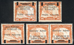 EL SALVADOR: Sc.C3 + C3a, 1929 15c. On 10c. Orange, Lot Of VARIETIES: Pair, One With "ATLANT CO" Variety, Inverted Overp - El Salvador