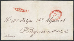 URUGUAY: Entire Letter Sent To Paysandú On 10/NO/1858, With Red "FRANCO"  And "ADMON. DE CORREOS DE MONTEVIDEO" Marks, V - Uruguay