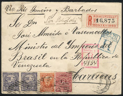 URUGUAY: Registered Cover Sent From Montevideo To Caracas On 28/JUL/1889 With Nice Postage Of 29c., With Transit Backsta - Uruguay