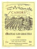 Etiquette De VIN DE CAHORS " Chateau Les Grauzils 1993 " - Cahors