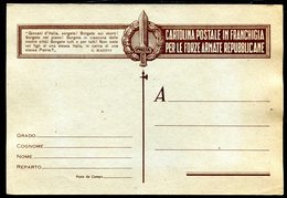 Z1540 ITALIA RSI Franchigia Militare 1944 Cartolina Postale Per Le Forze Armate Repubblicane, Fil. F88-2, Non Viaggiata, - Stamped Stationery