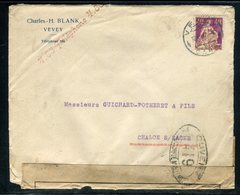 Suisse - Enveloppe De Vevey Pour La France En 1917 , Annulation Plume / Timbres Au Verso , Contrôle Postal - Réf JJ 109 - Marcofilia