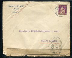Suisse - Enveloppe De Vevey Pour La France En 1917 , Annulation Plume / Timbres Au Verso , Contrôle Postal - Réf JJ 109 - Marcophilie