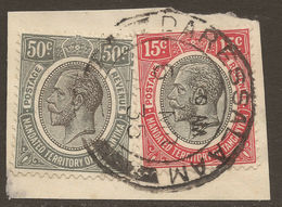 TANGANYIKA. GV. POSTMARK. DARESSALAAM. 15c & DULL 50c. USED ON PIECE. - Tanganyika (...-1932)