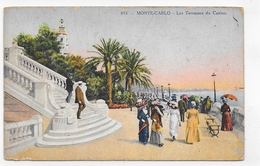 (RECTO / VERSO) MONTE CARLO EN 1914 - N° 853 - LES TERRASSES DU CASINO AVEC PERSONNAGES - PLIS - CPA VOYAGEE - Terrassen