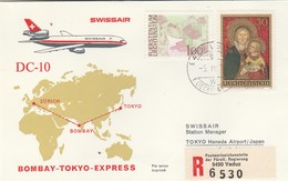 Liechtenstein - Flight Bombay -Tokyo  Swissair (Registered Vaduz) DC-10  1974 - Briefe U. Dokumente