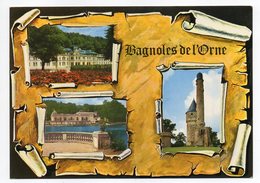 BAGNOLES DE L' ORNE -- 1980--Multivues (lac , Casino, Tour )--façon Parchemin --timbre --cachet  Alençon-61 - Bagnoles De L'Orne