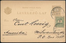 1897 2kr Millenniumi Díjjegyes Levelezőlap Feketeszámú 3kr Kiegészítéssel Az Egyesült Államokba 'KOMÁROM' - Other & Unclassified