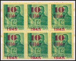 ** 1945 Kisegítő 10f/12f 6-os Tömb, Másik Bélyegre átcsúszott Felülnyomással - Other & Unclassified