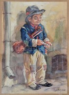 Földes Imre (1881-1948): A Kis Muzsikus, Akvarell, Papír, Jelzett, üvegezett Fa Keretben,keret: 20x15 Cm, 14,5x10,5 Cm - Altri & Non Classificati