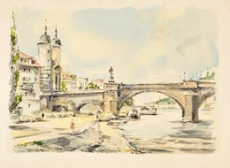 Olvashatatlan Jelzéssel: Alte Brücke. Színezett Litográfia, Jelzett A Litográfián, Foltos, 24×33 Cm - Autres & Non Classés