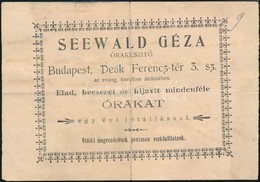 1905 Seewald Géza Órakészítő Budapest Deák Ferenc Tér Reklámlapja, Hátoldalon Számlajegyzékkel - Pubblicitari