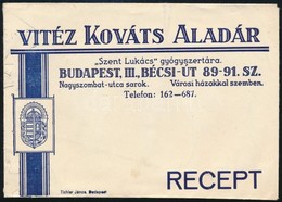 Vitéz Kováts Aladár 'Szent Lukács' Gyógyszertára, Címeres Receptboríték - Publicidad