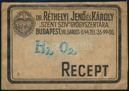 Dr. Réthelyi Jenő és Károly Szent Szív Gyógyszertára Budapest VIII. Receptboríték - Publicidad