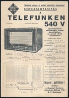 Cca 1940-1950 Telefunken 540 V Rádió Kezelési útmutatója - Non Classés