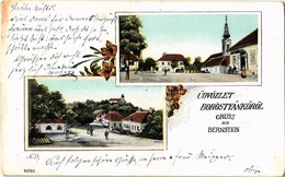 T2 1907 Borostyánkő, Bernstein; Tér, Templom, üzletek / Platz, Kirche, Geschäfte / Square, Church, Shops. Floral - Ohne Zuordnung