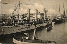 * T2/T3 Qingdao, Tsingtau, Kiautschou Bay Concession; Warship With Drying Clothes And 'Falke' Steam Barge (EK) - Ohne Zuordnung