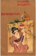 T4 1904 La Guerre Amusante. Bombardement. Litho Art Postcard. M. Raschka Signed Raphael Kirchner (vágott / Cut) - Non Classés