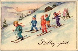 T2 1939 Boldog Újévet! / Skiing Children, Winter Sport, New Year Greeting Art Postcard. H.W.B. Ser. 6058. - Unclassified