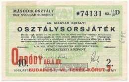 Budapest 1938. '40. Magyar Királyi Osztálysorsjáték' 2. Osztály 1/8 Sorsjegye 'ORDÓDY BÉLA DR. - BUDAPEST, VI., TERÉZ-KÖ - Sin Clasificación