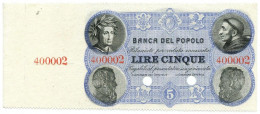 5 LIRE SPECIMEN CON MATRICE FIDUCIARIO BANCA DEL POPOLO FIRENZE 07/12/1871 FDS - [ 8] Ficticios & Especimenes