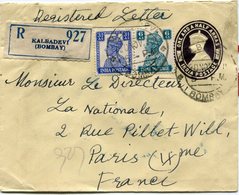 INDE ANGLAISE ENTIER POSTAL RECOMMANDE AVEC COMPLEMENT D'AFFRANCHISSEMENT DEPART KALBADEVI (BOMBAY) 20 NOV 4? POUR...... - 1936-47 King George VI