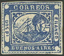 ARGENTINA: GJ.5, Dos Ps Blue, Unused, Without Gum, Spectacular Example With 4 Superb Margins, Extremely Rare In This Pre - Buenos Aires (1858-1864)