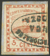 ARGENTINA: GJ.1, 5c. Light Red, Small Figures, On Fragment With Ellipse Cancel Of MENDOZA With FRANCA (+100%), VF Qualit - Gebruikt