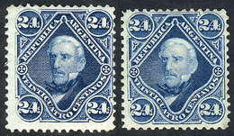 ARGENTINA: GJ.55, 24c. San Martín, 2 Examples, One With Normal Groundwork Of Crossed Lines, The Other One With Diagonal  - Autres & Non Classés