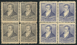 ARGENTINA: GJ.137 + 137A, ½c. Rivadavia, Small Sun Wmk, Perf 11½, In Slate Blue And Bright Ultramarine, Blocks Of 4, VF  - Otros & Sin Clasificación