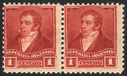 ARGENTINA: GJ.138, 1c. Rivadavia, Pair, Proof In Brick Red Color Printed On Zárate Paper With Watermark And Gum, VF Qual - Autres & Non Classés