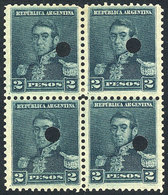 ARGENTINA: GJ.150O, 2P. San Martín, Small Sun Wmk, Perf 11½, Block Of 4 With Punch Cancel, VF Quality - Autres & Non Classés