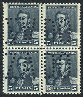 ARGENTINA: GJ.189O, 5P. San Martín, Large Sun Wmk, Perf 11½, Block Of 4 With "INUTILIZADO" Perforation, VF Quality" - Sonstige & Ohne Zuordnung