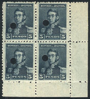 ARGENTINA: GJ.189O, 5P. San Martín, Large Sun Wmk, Perf 11½, Block Of 4 With Punch Cancel, VF Quality - Altri & Non Classificati