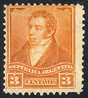 ARGENTINA: GJ.193, 3c. Rivadavia, Large Sun Wmk, Perf 12¼, Unused, Without Gum, Minor Defects, Rare, Low Start - Autres & Non Classés