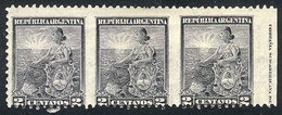 ARGENTINA: GJ.219PV, 2c. Seated Liberty, Perf 11½, Strip Of 3 Stamps Imperforate Vertically, With Sheet Margin, VF Quali - Other & Unclassified