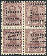 ARGENTINA: GJ.279, 4c. San Martín, Perf 13¼x12½, Block Of 4 With "INUTILIZADO" Perforation, VF Quality, Rare!" - Autres & Non Classés