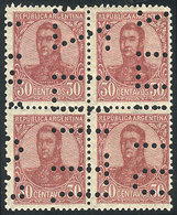 ARGENTINA: GJ.286, 30c. San Martín, Perf 13¼x12½, Block Of 4 With "INUTILIZADO" Perforation, VF Quality, Rare!" - Altri & Non Classificati