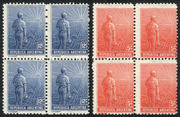 ARGENTINA: GJ.317/8, Plowman, Size 13.8 X 25.2 Mm, Cmpl. Set Of 2 Values, In MNH Blocks Of 4 - Other & Unclassified