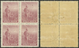 ARGENTINA: GJ.335b, 30c. Plowman, Sun With Straight Rays Wmk, Block Of 4, 2 Without Watermark, VF - Other & Unclassified